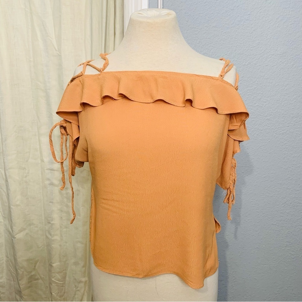 Honey Belle‎ Women’s Orange Ruffle Short Sleeve Blouse Open Shoulder Size S